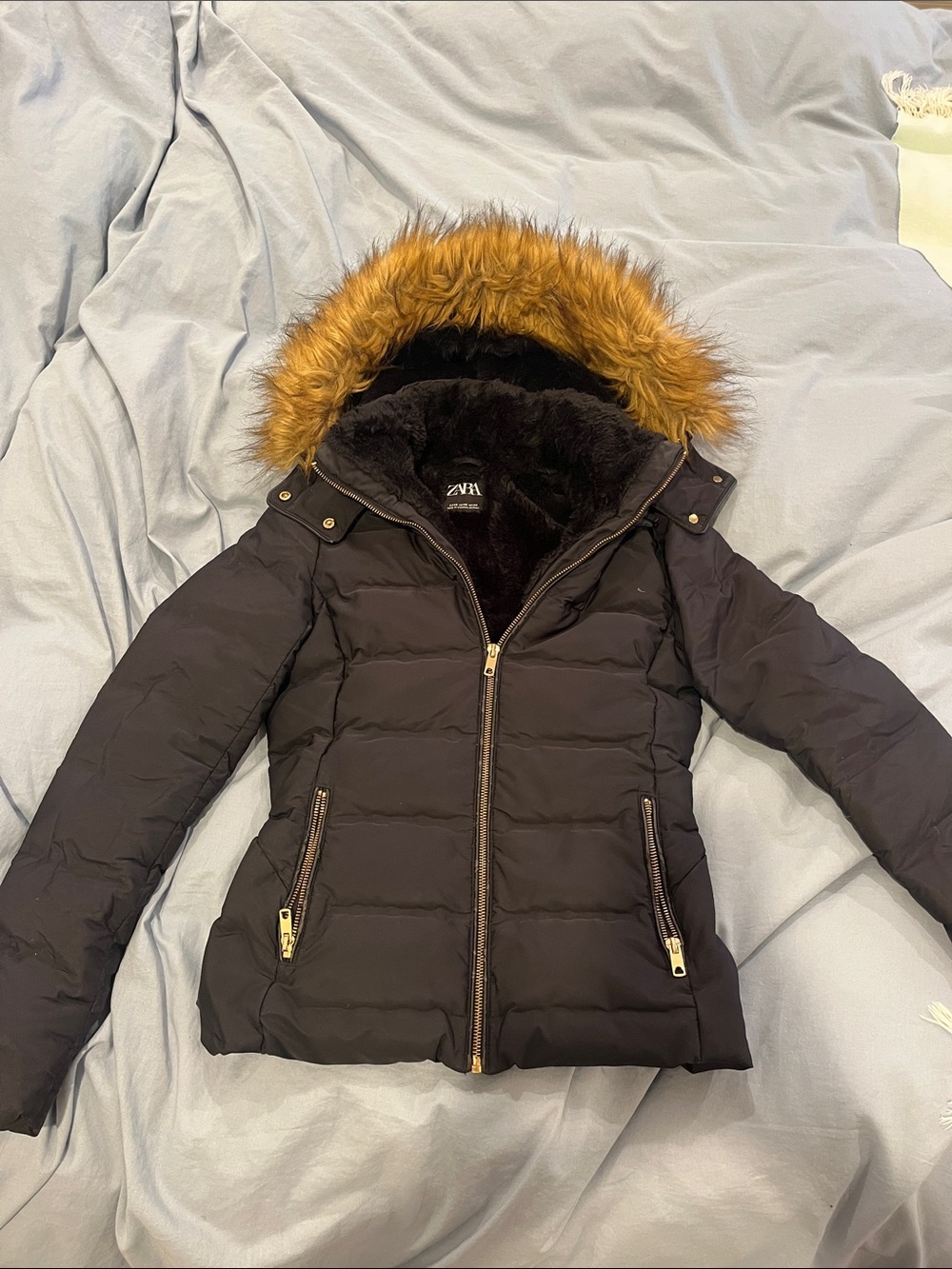 Zara Black Puffer Jacket with Tan Faux-Fur Hood Trim